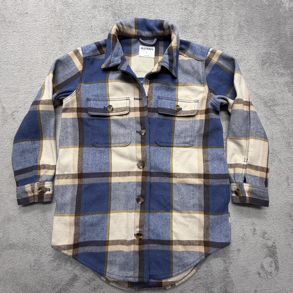 Old Navy Shirt Jacket Mens Small Blue Brown Plaid Flannel Shacket Button Front